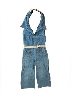 Vintage Landlubber Halter-top Lace Trimmed Overalls Cotton Denim